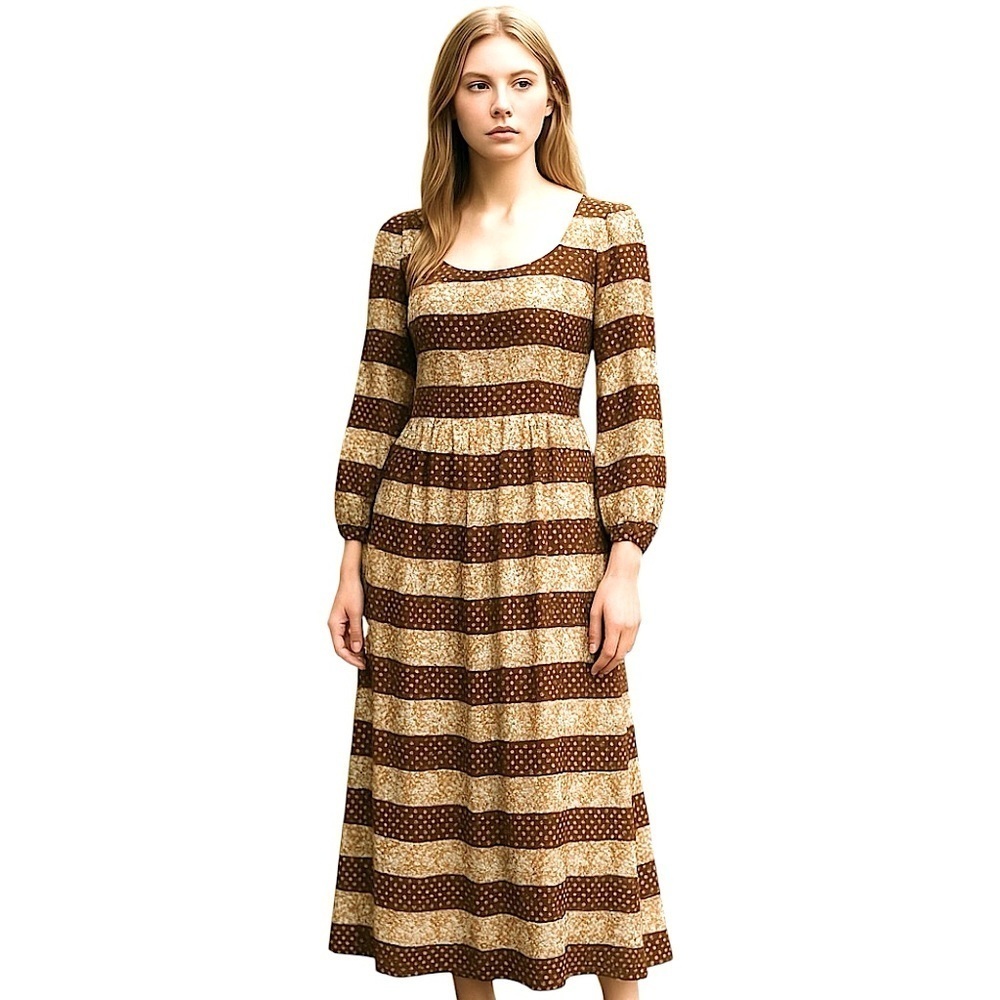 Vintage 70s Bohemian Maxi Dress Brown Floral Sz 36 (XS/S) Pleated Balloon Sleeve